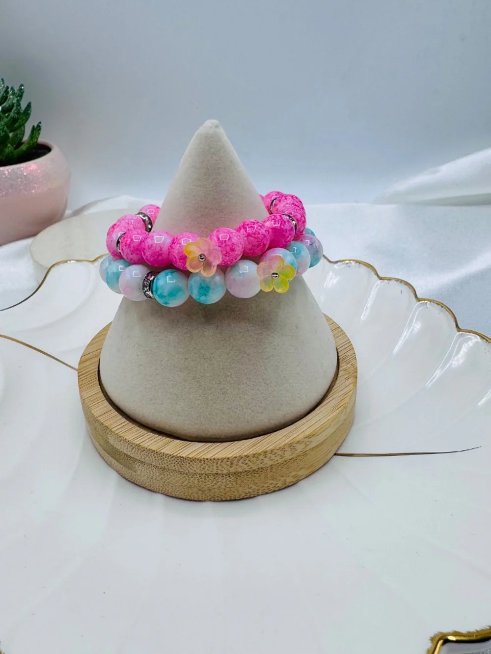Pink & Turquoise Beaded Stretch Bracelet Set with Flower Charms | Stackable